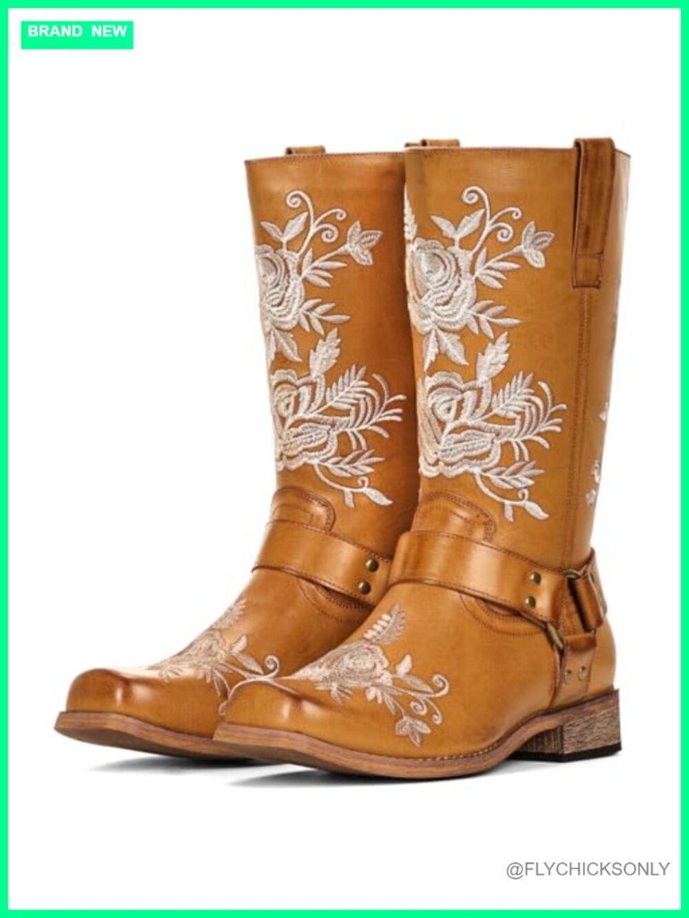 Square Toe Faux Leather Mid-Calf Cowboy Boots Western Moto Style
